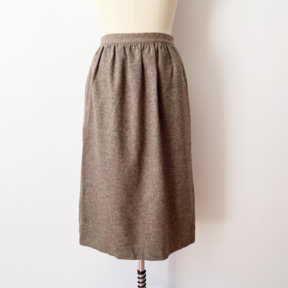 SIZE XS/S Pierre Cardin Skirt Brown Tweed Wool Blend Vintage Midi A-Line Pockets